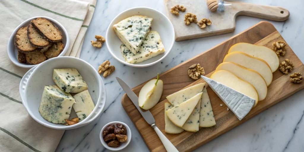 Selection of blue cheeses and fresh pear varieties arranged on a white marble countertop with kitchen utensils