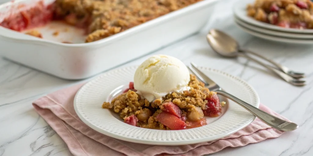 Serving of rhubarb crisp with vanilla ice cream on a white plate next to the baking dish