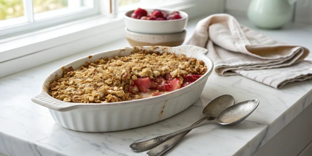 Make this rhubarb crisp in just 5 minutes! Sweet, tart, and totally irresistible—your next favorite dessert is right here.