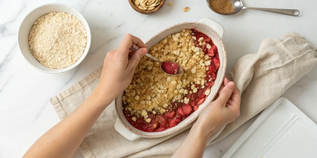 Oat crumble topping being added to rhubarb filling in a white baking dish on a marble surface