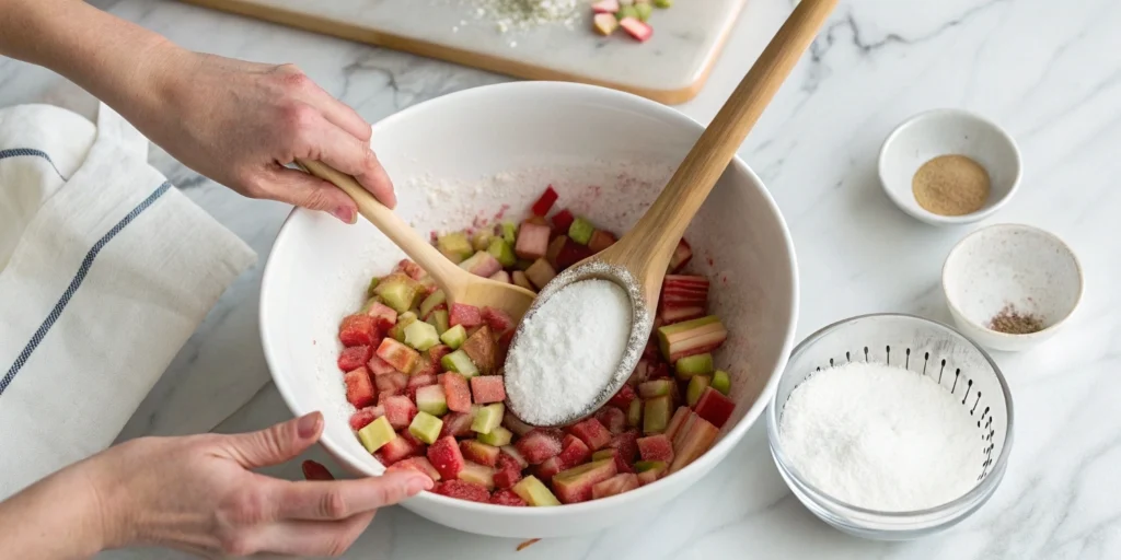 Chopped rhubarb being mixed with sugar and cornstarch in a white bowl on a marble kitchen counter