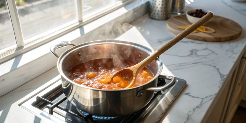 Simmering peach jam in a saucepan being stirred with a wooden spoon on a modern stovetop.