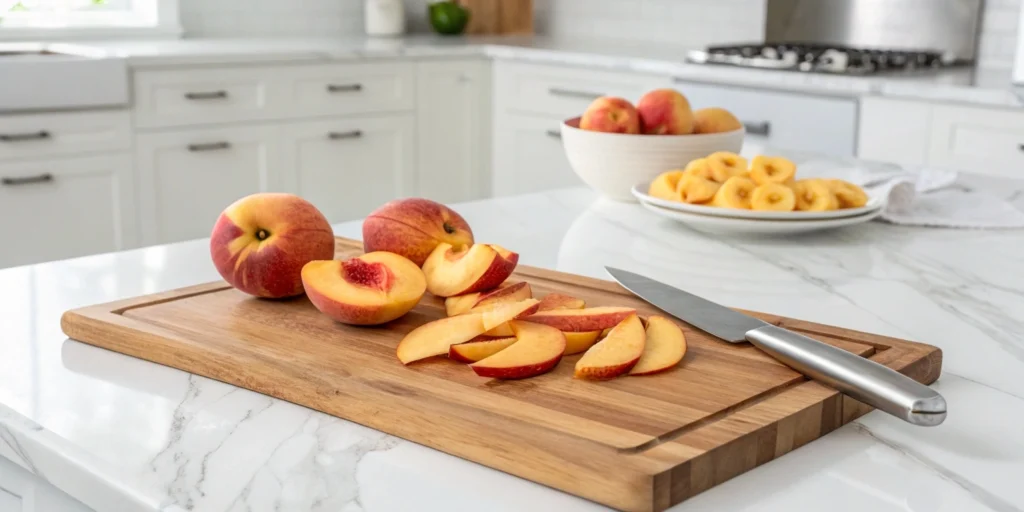 Sliced ripe peaches and a paring knife on a wooden board in a modern kitchen with a marble counter.