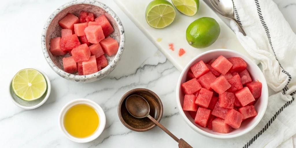 ingredients for healthy watermelon sorbet including cubed watermelon, lime juice, and maple syrup on marble kitchen counter