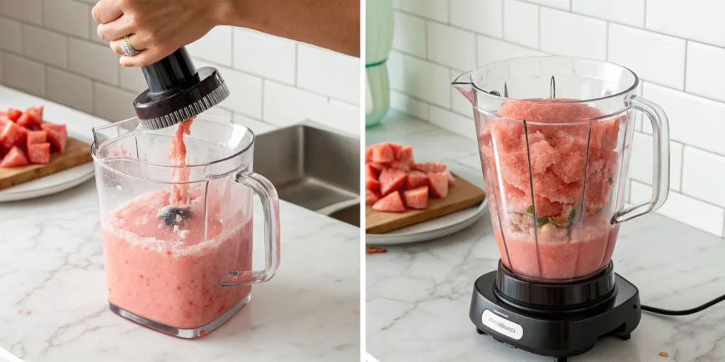 blender with watermelon sorbet mixture in process on marble kitchen counter