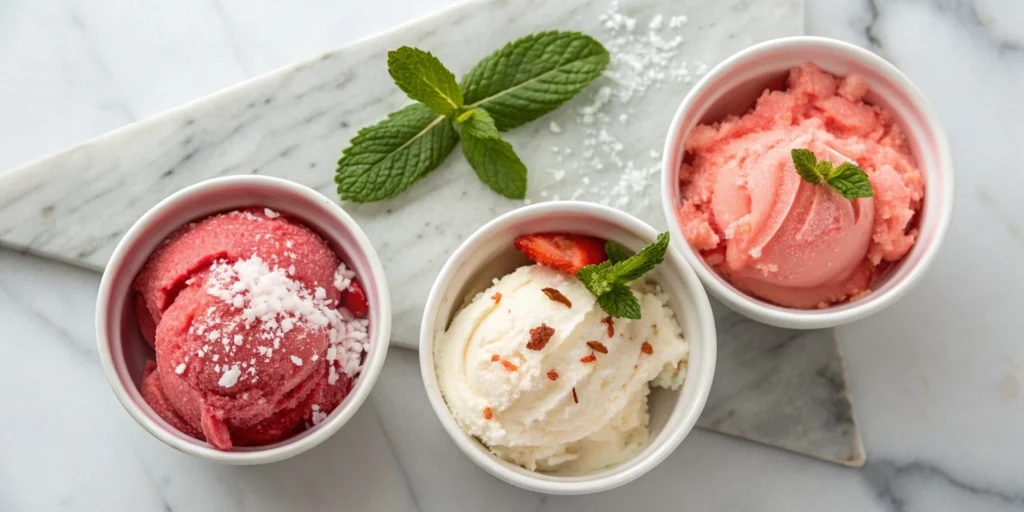 three variations of watermelon sorbet served in small bowls on marble countertop with mint, coconut, and berries