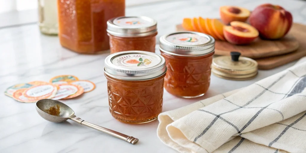Sealing jars of peach jam on a marble countertop with preserving tools in a bright kitchen.
