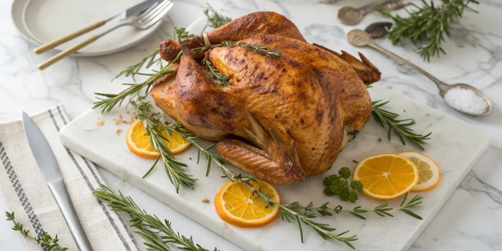 Juicy carved Thanksgiving turkey on cutting board with herbs and citrus
