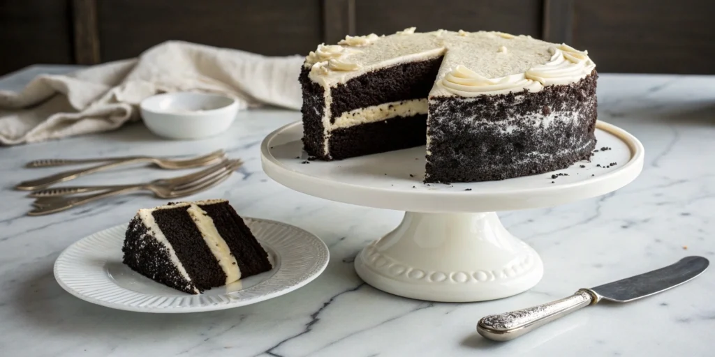 Black velvet cake with cream cheese frosting on a white cake stand, sliced to show dark chocolate crumb.