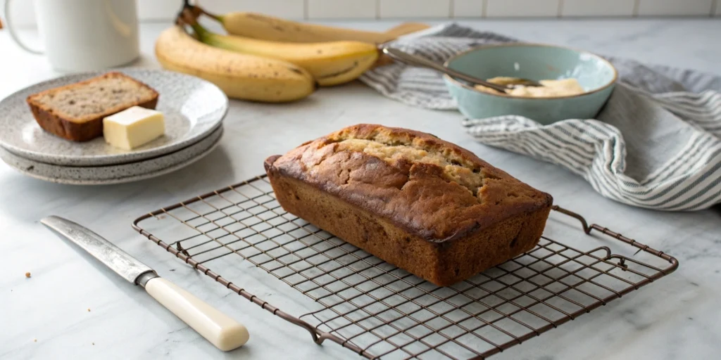 Freshly baked banana bread loaf cooling on a wire rack in a kitchen