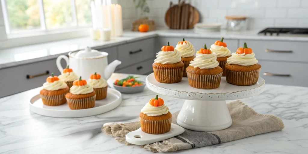 Pumpkin cupcakes with cream cheese frosting and candy pumpkin decorations on a white serving dish.