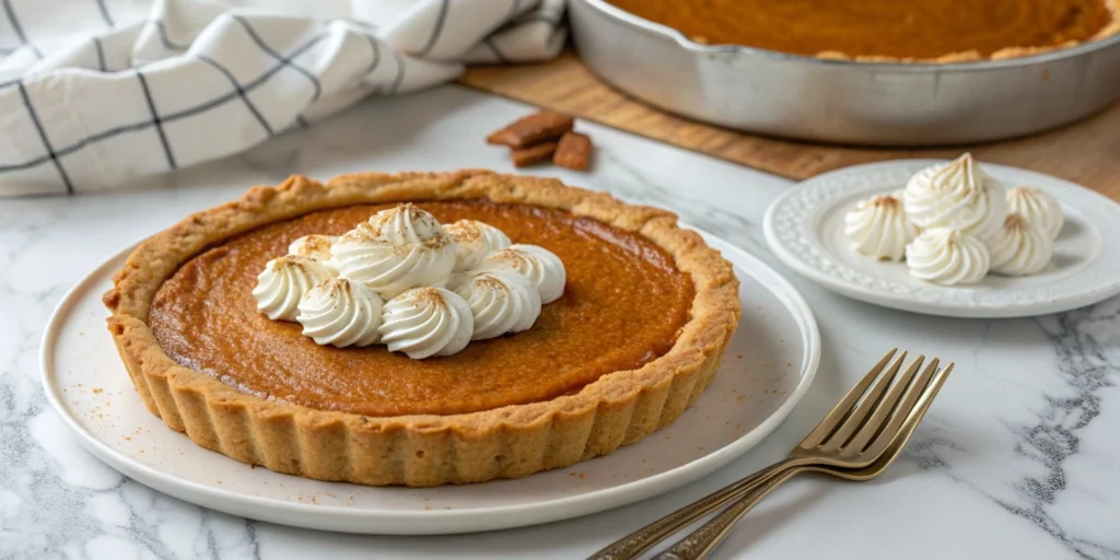 Homemade pumpkin pie with whipped cream topping on marble countertop