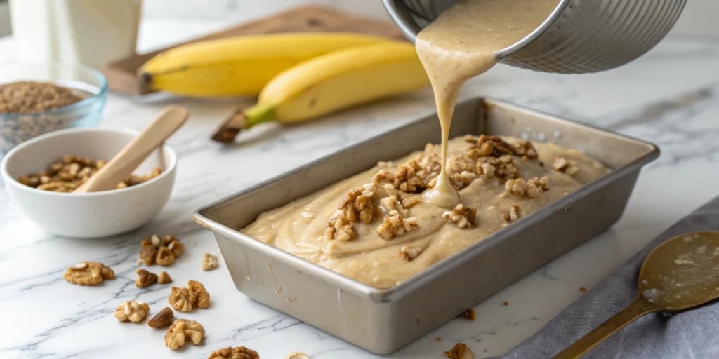 Banana bread batter with walnuts being poured into loaf pan