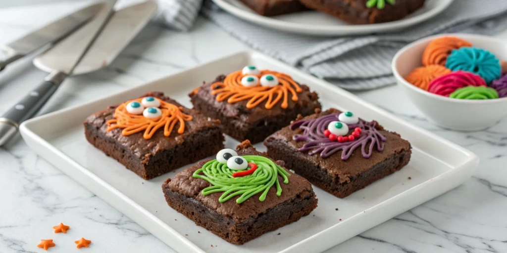 Brownie bites decorated as Halloween monsters with candy eyes and frosting hair on a white plate.