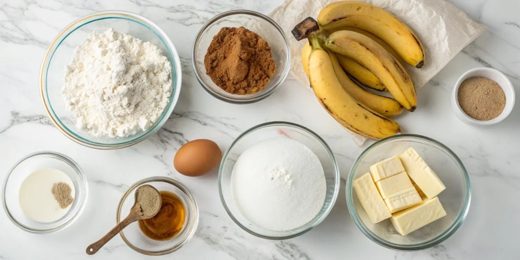 Banana bread ingredients measured in bowls on a marble kitchen countertop
