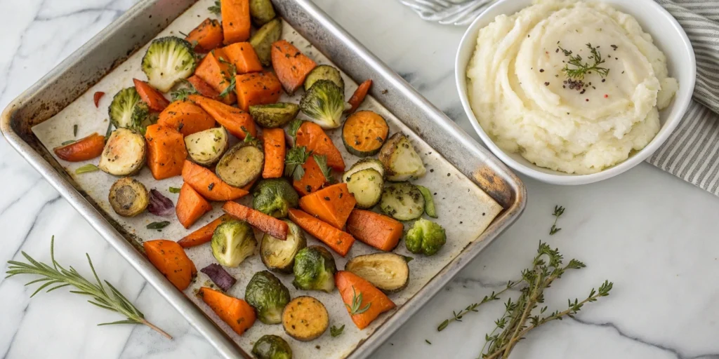 Roasted vegetables and mashed potatoes served in white bowls on marble countertop