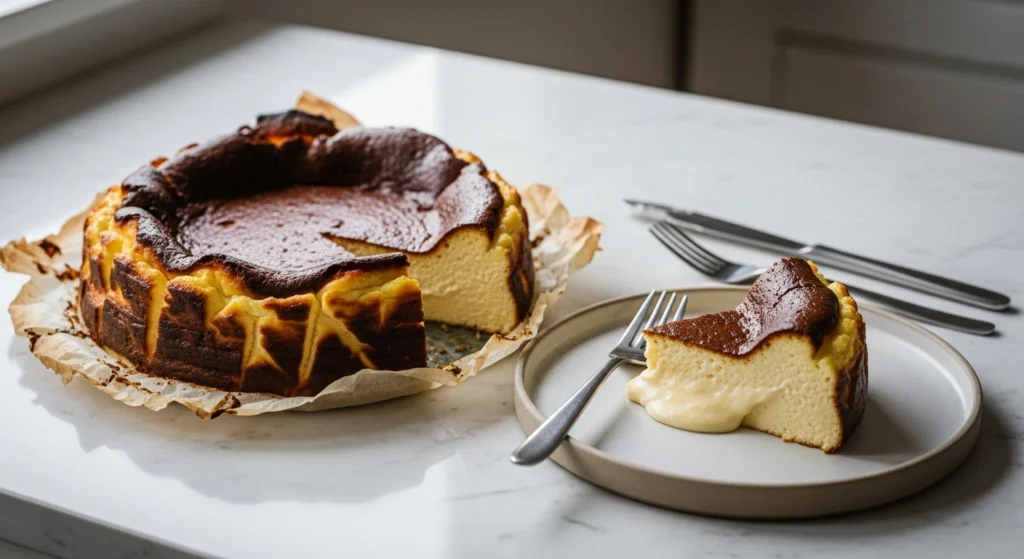 Basque cheesecake with caramelized top and creamy center served on white marble countertop in a bright modern kitchen