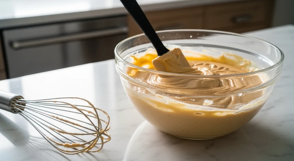 Smooth Basque cheesecake batter being mixed in a glass bowl on marble countertop in natural light