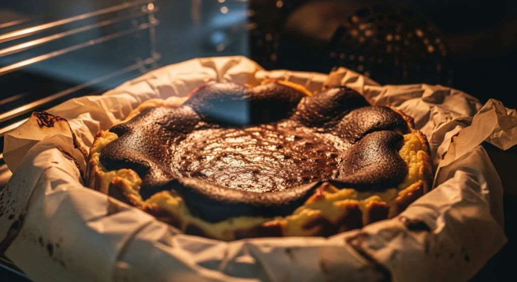 Basque cheesecake baking in oven with golden top and crinkled parchment edges
