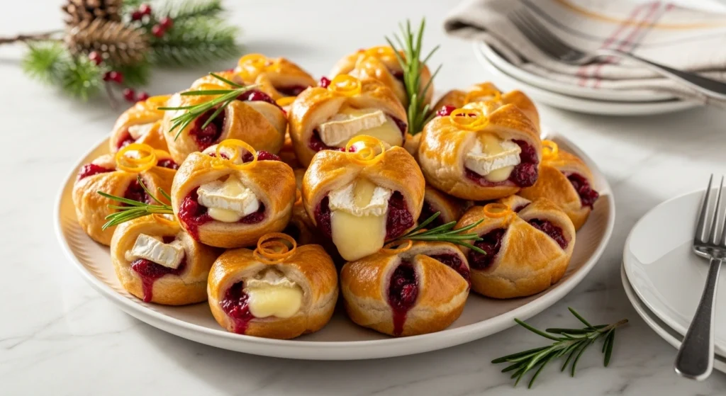 Golden baked Cranberry Brie Bites served on a white platter with orange zest and rosemary on marble countertop