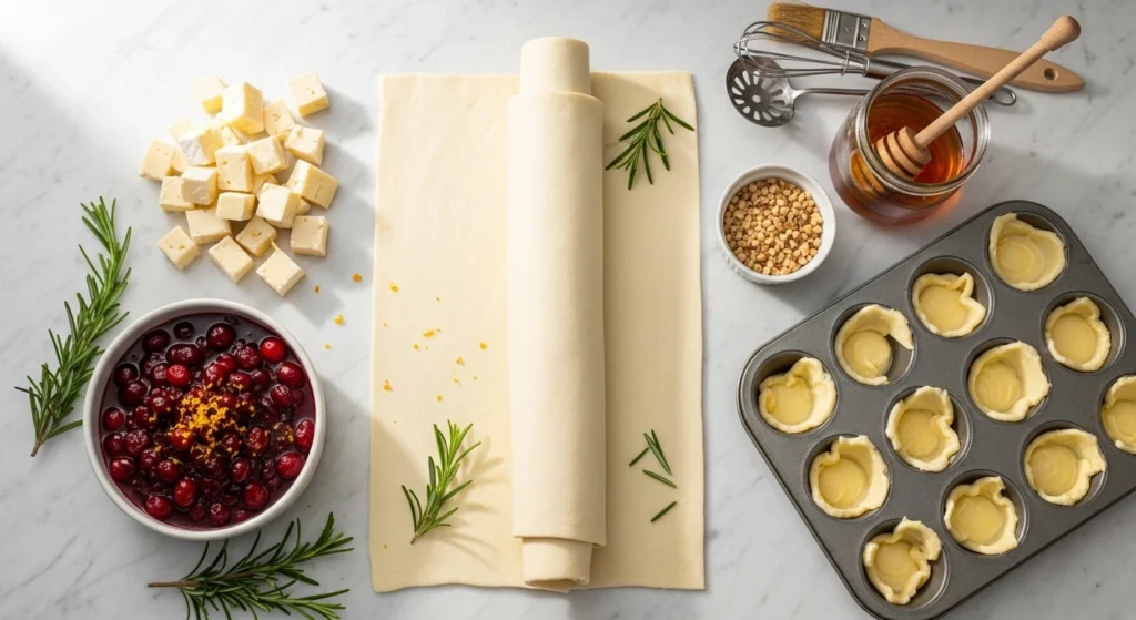 Ingredients for Cranberry Brie Bites including puff pastry, brie cubes, cranberry sauce, and herbs arranged on white marble countertop
