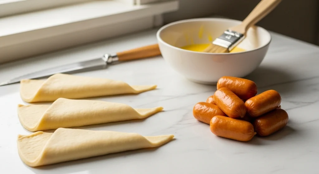 Preparing crescent dough and cocktail sausages on marble countertop for Holiday Pigs in a Blanket.