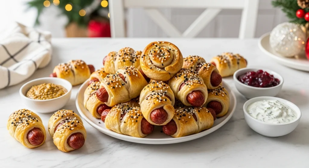 Holiday Pigs in a Blanket on a marble countertop with festive dips and golden pastry, ready to serve for a holiday party.