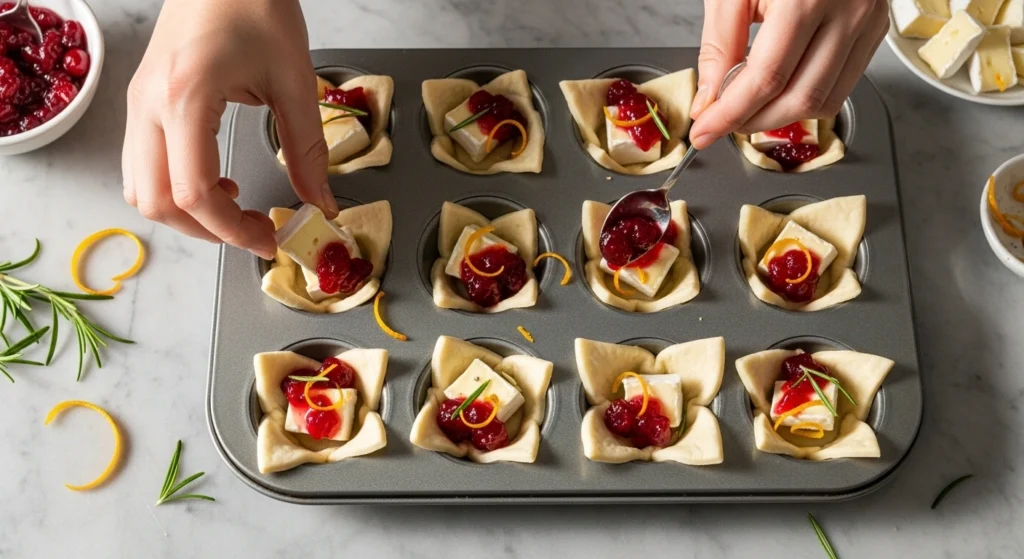 Hands filling puff pastry cups with brie and cranberry sauce on marble countertop in bright kitchen