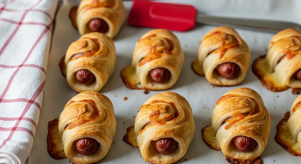 Golden-baked Holiday Pigs in a Blanket cooling on a parchment-lined baking sheet after baking.
