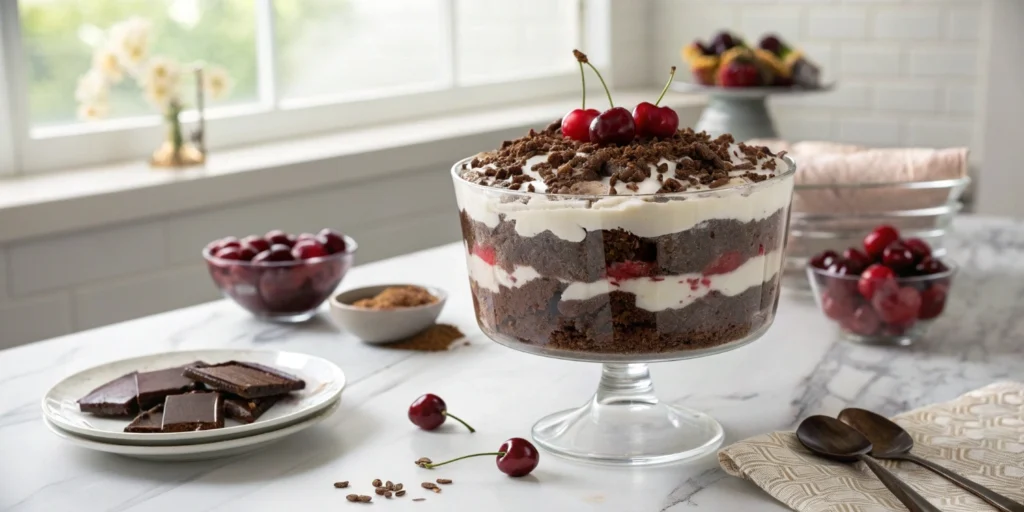 Black Forest Trifle in tall glass bowl with layered chocolate, cherries, custard, and whipped cream on marble countertop