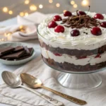 Delight in a festive Black Forest Trifle for Christmas, combining chocolate, cherries, and cream for a delicious holiday dessert.