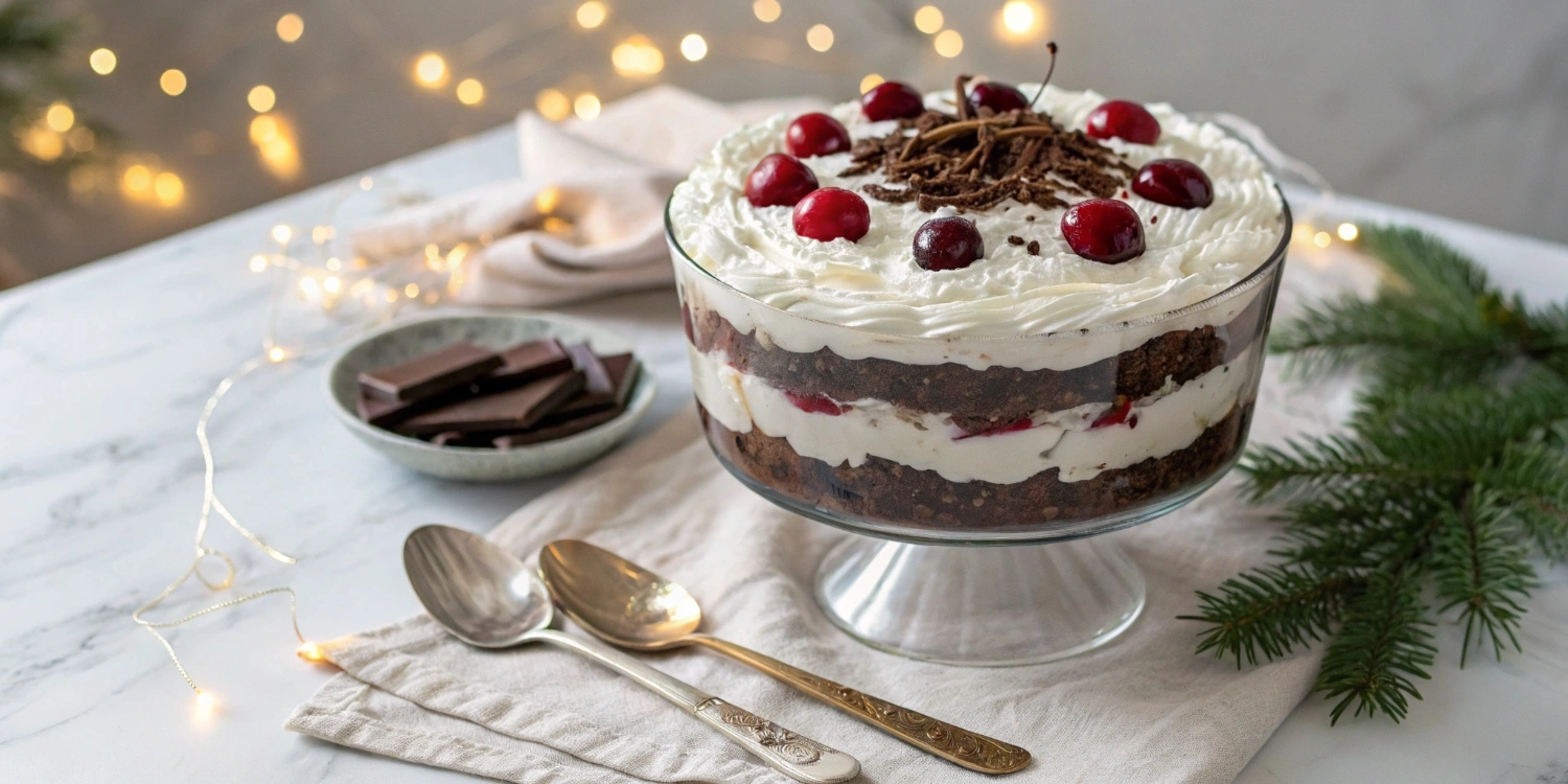 Delight in a festive Black Forest Trifle for Christmas, combining chocolate, cherries, and cream for a delicious holiday dessert.