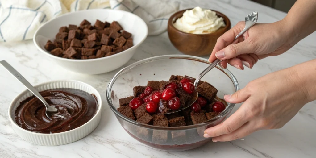 Hands layering chocolate cake and cherry compote in a glass trifle bowl on marble countertop