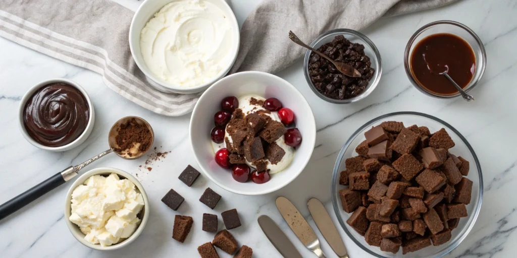 Ingredients for Black Forest Trifle arranged on marble countertop including chocolate cake cubes, cherry compote, custard, and whipped cream